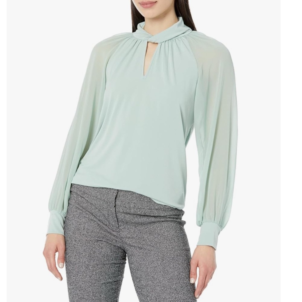 Calvin Klein Twist Neck Chiffon Sleeve Blouse in Mint Green, NWT, Size XL
